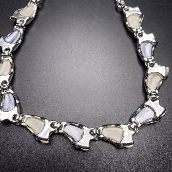 Blue Cream Silver Tone Link Choker Collar Necklace Earrings Demi Parure - Picture 8 of 11